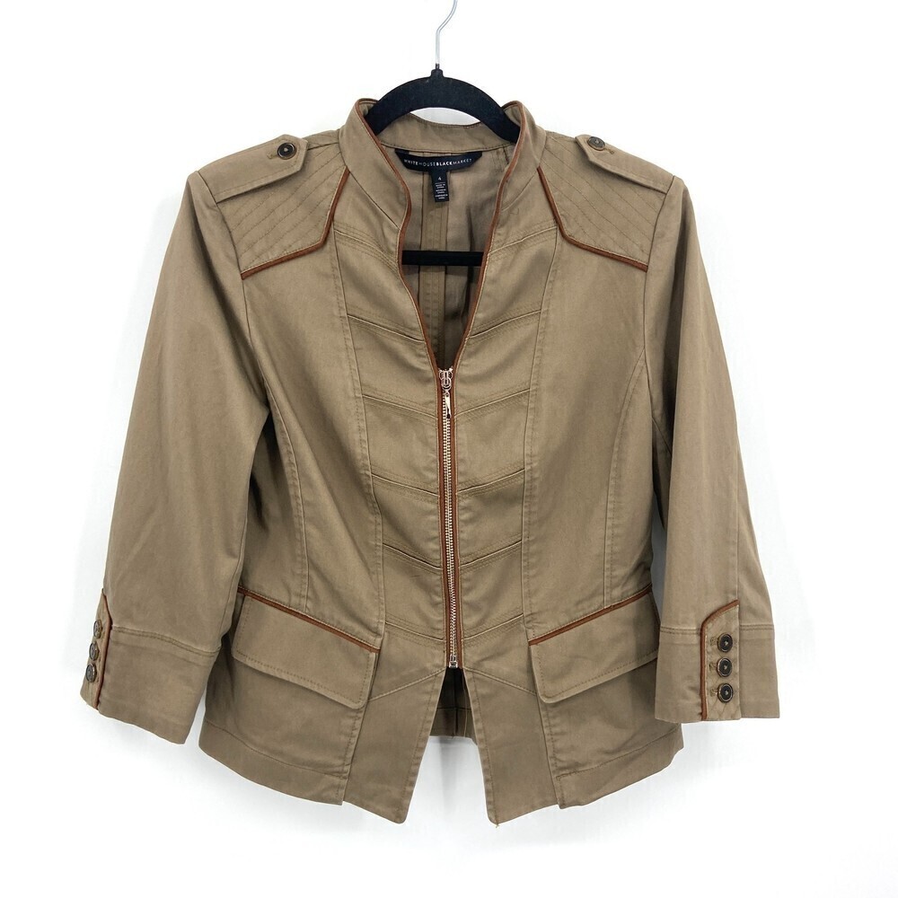 WHITE HOUSE BLACK MARKET Olive Military Shoulder Pad Style Zip Up Jacket Size 4